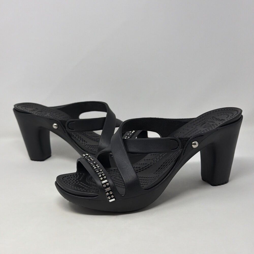 Crocs Cyprus IV Rhinestone High Heel Slide Sandals Black Womens 10 STORE MODEL